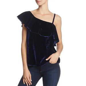 🌸 J.O.A. Velvet Dark Blue One Shoulder Ruffle Blouse New With Tags MSRP$88